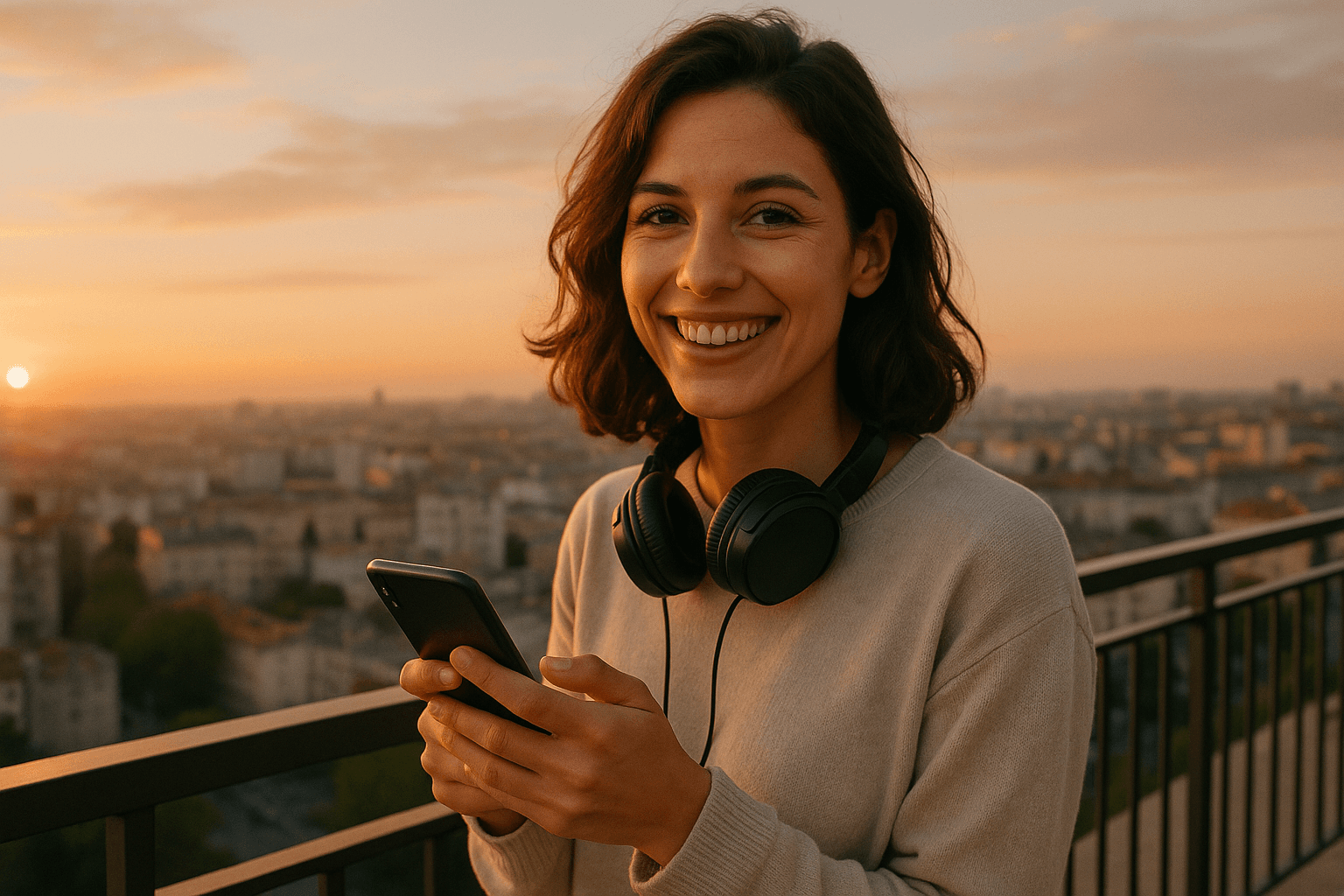 a lady on a balcony at sunrise, happy and listening to a mobile radio app