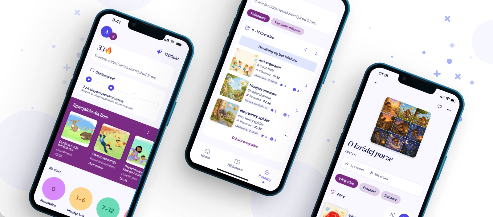 Three Bilingers app screens – the home screen with personalised recommendations and a daily goal, the Progress screen with a calendar of completed songs, and the “O każdej porze” (Any Time of Day) set