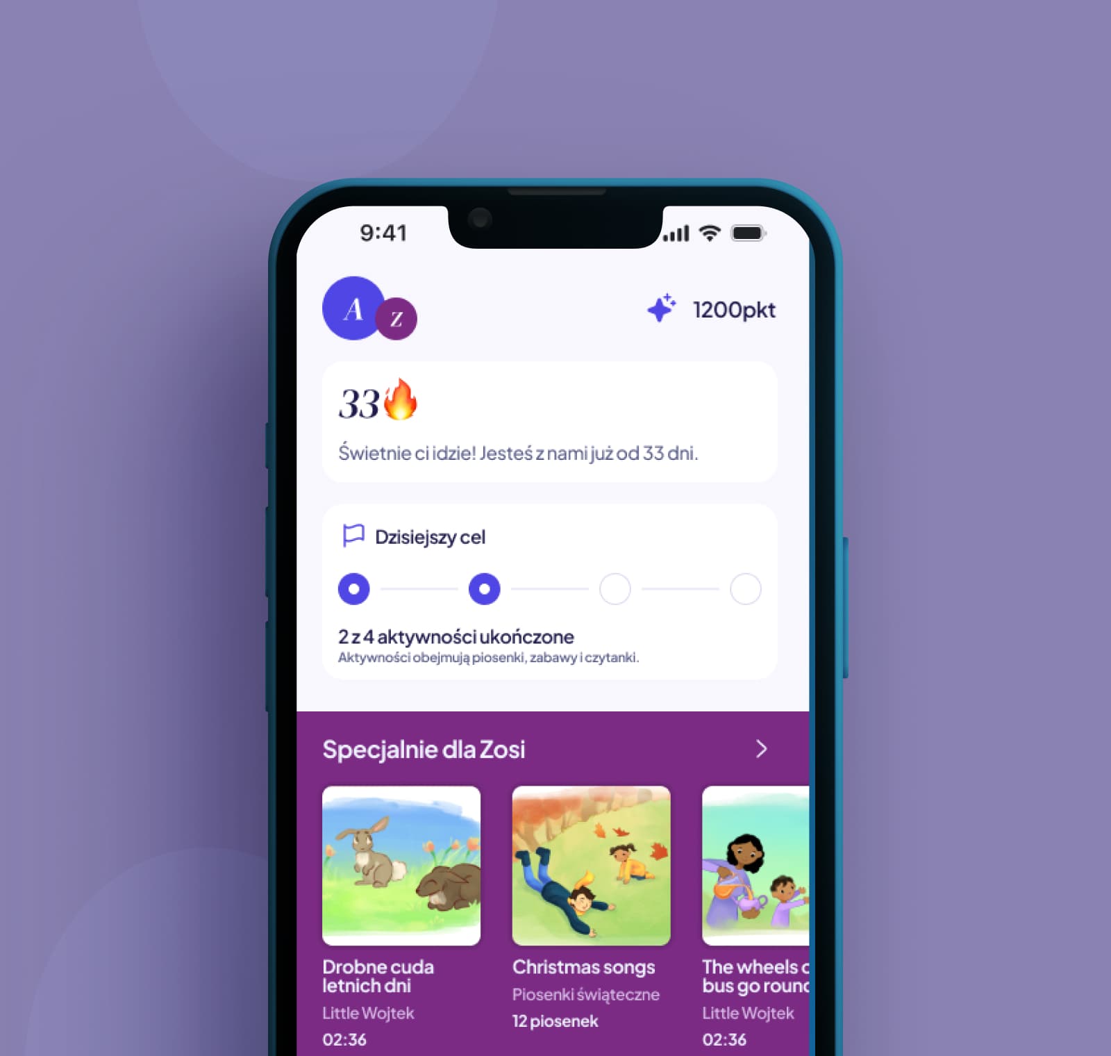 Bilingers app home screen with a day streak, points, a daily goal and “Specjalnie dla Zosi” (Just for Zosia) recommendations