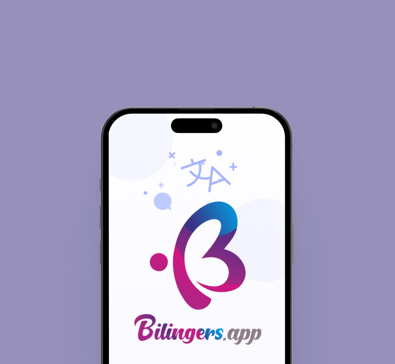 Bilingers app welcome screen with the logo and Bilingers.app wordmark on a smartphone