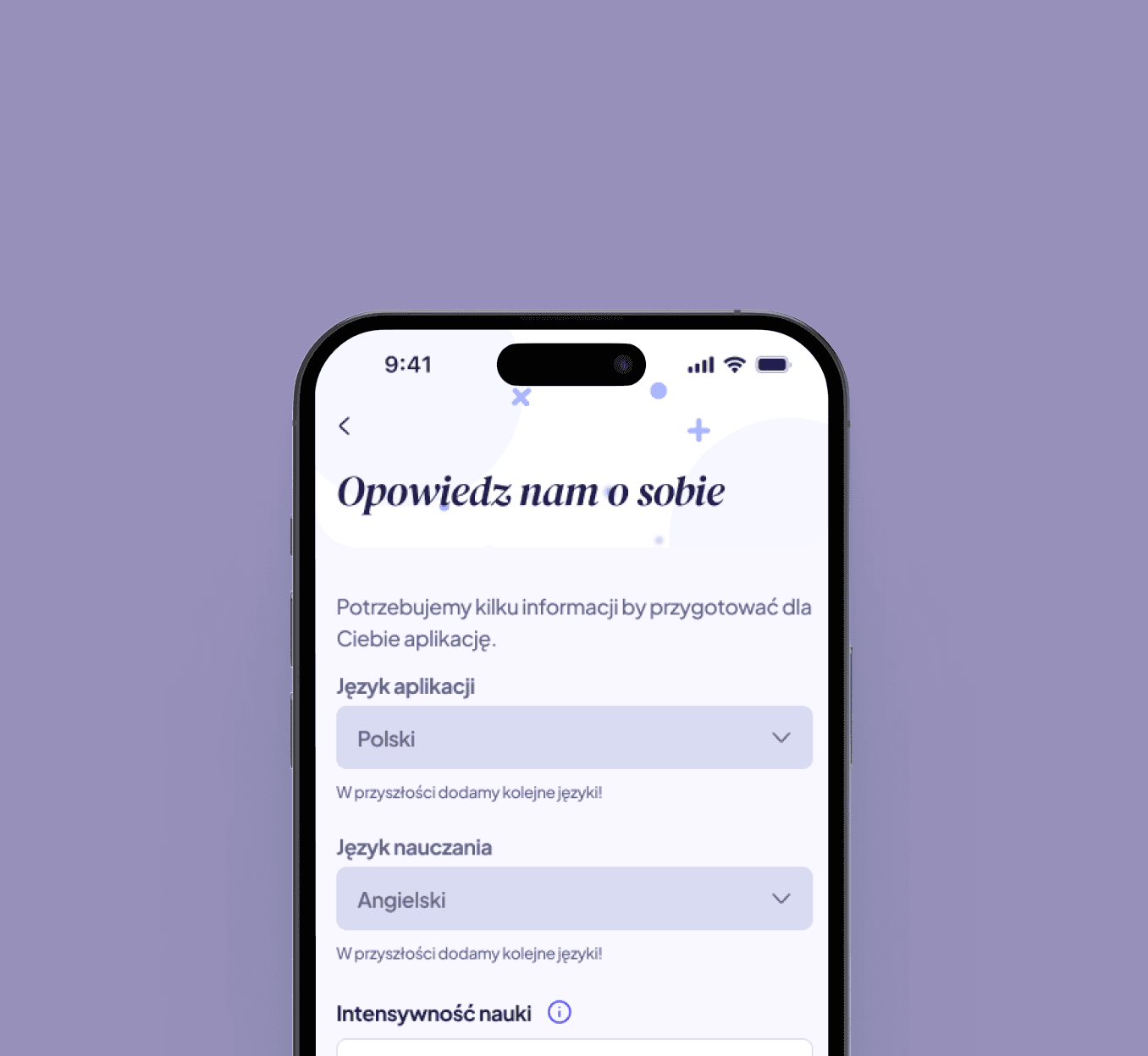 Ekran onboardingu aplikacji Bilingers – wybór języka aplikacji i języka nauczania